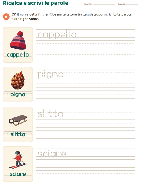 Anteprima della scheda di Parole tratteggiate con Inverno per Scuola dell'infanzia (5-7 anni)