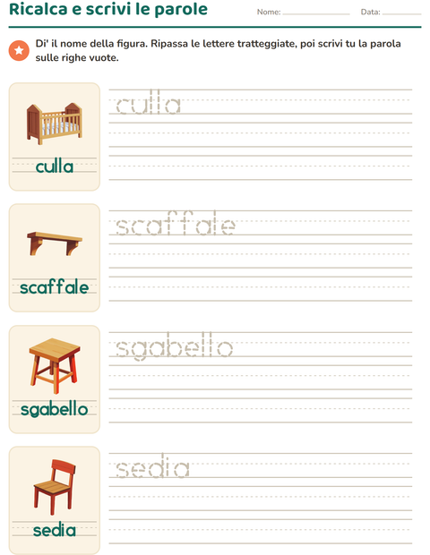 Anteprima della scheda di Parole tratteggiate con Mobili per Scuola dell'infanzia (5-7 anni)