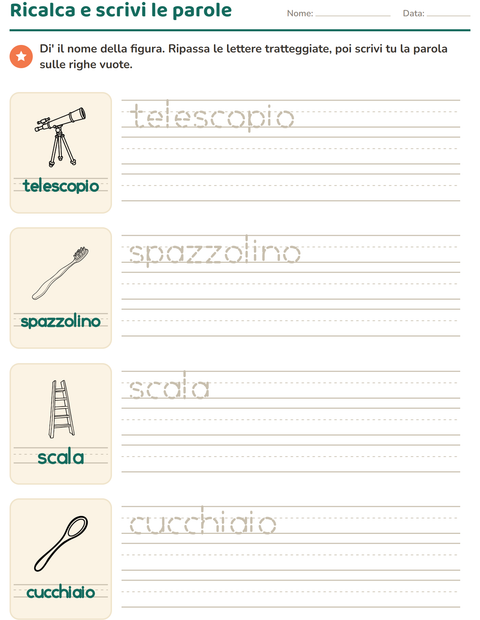 Anteprima della scheda di Parole tratteggiate con Oggetti BN per Scuola dell'infanzia (5-7 anni)