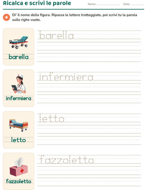 Anteprima della scheda di Parole tratteggiate con Ospedale per Scuola dell'infanzia (5-7 anni)
