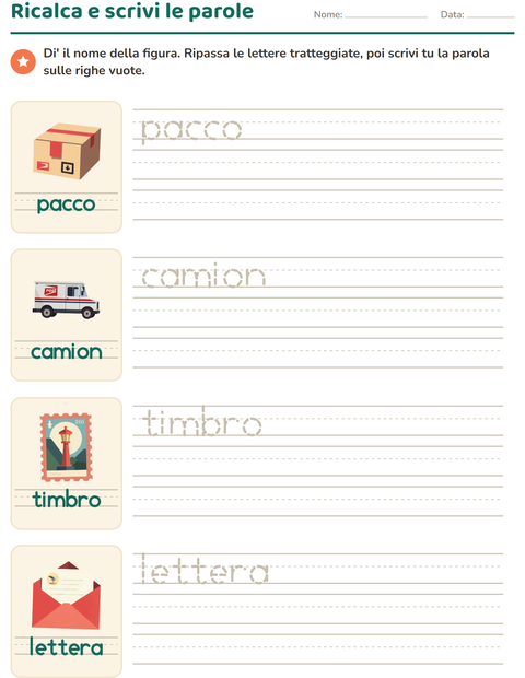 Anteprima della scheda di Parole tratteggiate con Ufficio postale per Scuola dell'infanzia (5-7 anni)