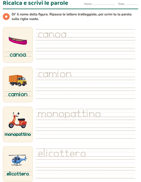 Anteprima della scheda di Parole tratteggiate con Veicoli per Scuola dell'infanzia (5-7 anni)