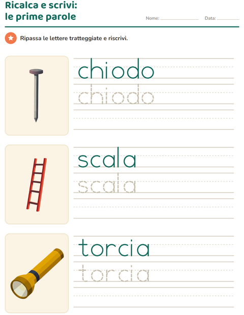 Anteprima della scheda di Parole tratteggiate con Attrezzi per Scuola dell'infanzia (5-7 anni)