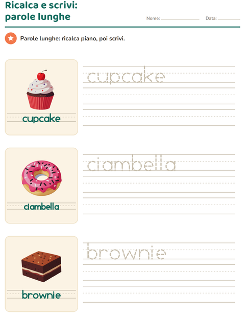 Anteprima della scheda di Parole tratteggiate con Dolci e dolciumi per Scuola dell'infanzia (5-7 anni)