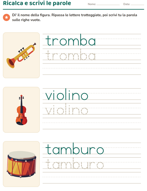 Anteprima della scheda di Parole tratteggiate con Musica per Scuola dell'infanzia (5-7 anni)