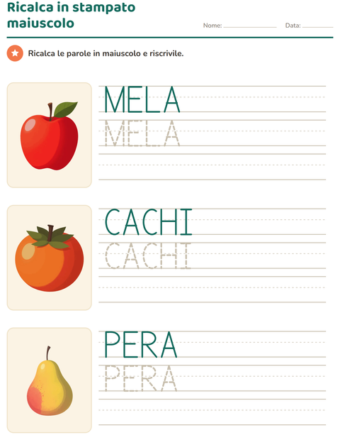 Anteprima di Ricalca le parole in stampato maiuscolo: tre nomi di frutta