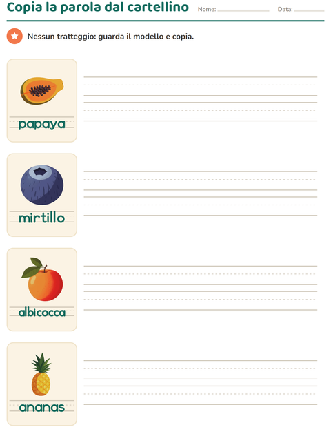 Anteprima della scheda di Parole tratteggiate con Frutta per Scuola dell'infanzia (5-7 anni)