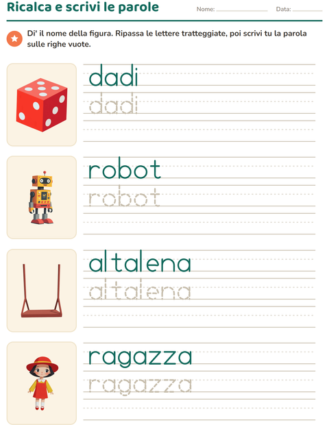 Anteprima della scheda di Parole tratteggiate con Giocattoli per Scuola dell'infanzia (5-7 anni)