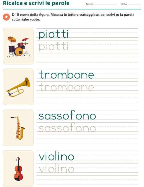 Anteprima della scheda di Parole tratteggiate con Musica per Scuola dell'infanzia (5-7 anni)