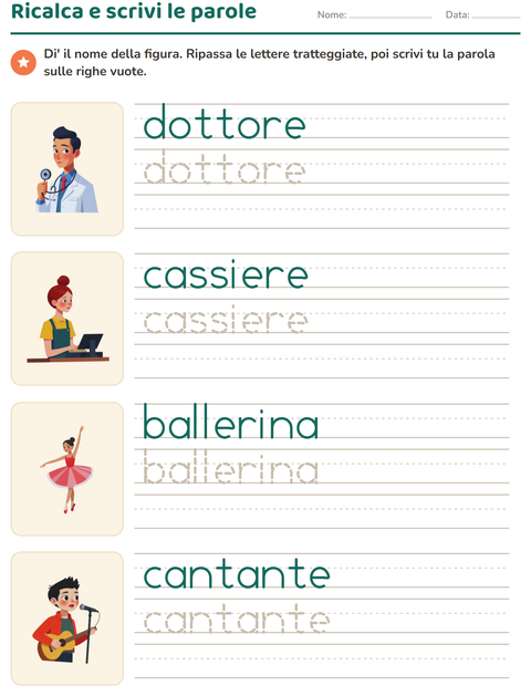 Anteprima della scheda di Parole tratteggiate con Professioni per Scuola dell'infanzia (5-7 anni)