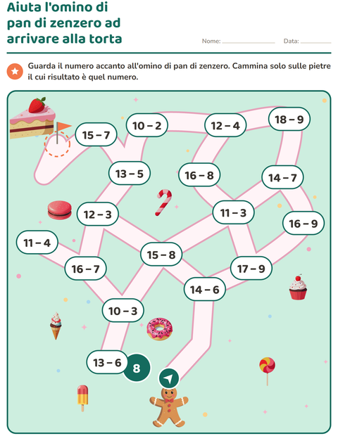 Anteprima di Labirinto delle sottrazioni entro il 20: aiuta l'omino di pan di zenzero