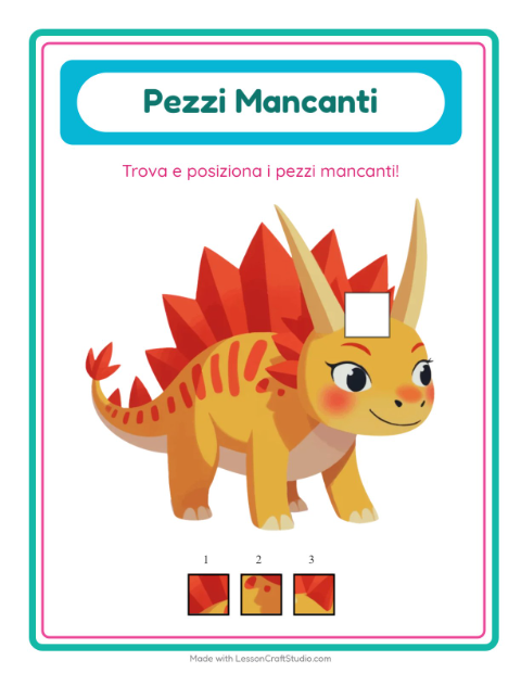 Anteprima della scheda di Pezzi Mancanti con Dinosauri per Scuola dell'infanzia (5-7 anni)