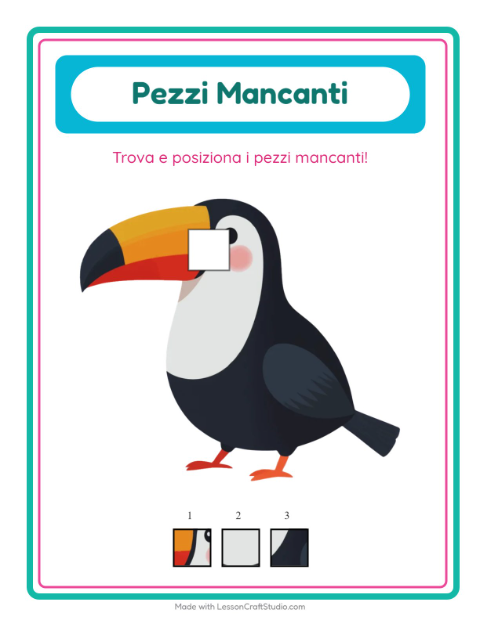 Anteprima della scheda di Pezzi Mancanti con Uccelli per Scuola dell'infanzia (5-7 anni)