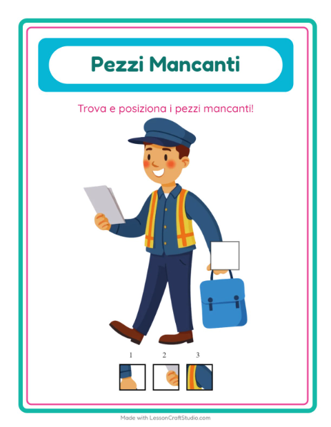 Anteprima della scheda di Pezzi Mancanti con Ufficio postale per Scuola dell'infanzia (5-7 anni)