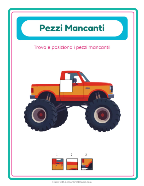 Anteprima della scheda di Pezzi Mancanti con Veicoli per Scuola dell'infanzia (5-7 anni)