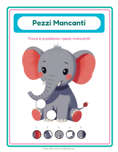 Anteprima della scheda di Pezzi Mancanti con Animali dello zoo per Scuola dell'infanzia (5-7 anni)