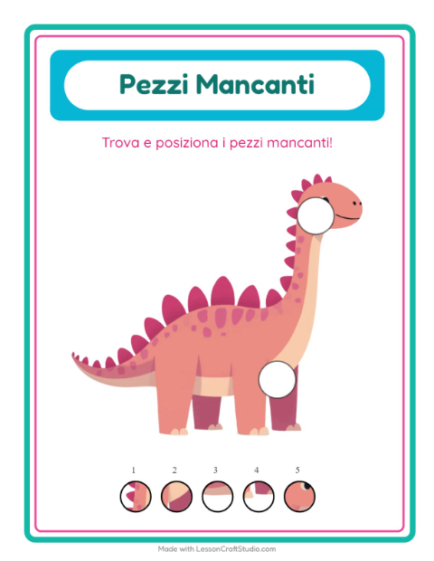 Anteprima della scheda di Pezzi Mancanti con Dinosauri per Scuola dell'infanzia (5-7 anni)