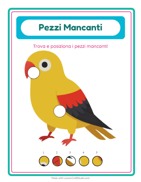 Anteprima della scheda di Pezzi Mancanti con Uccelli per Scuola dell'infanzia (5-7 anni)