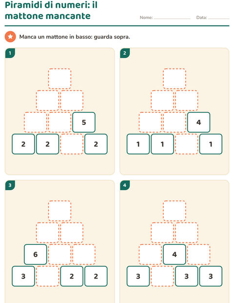 Anteprima della scheda di Piramidi di numeri per Scuola primaria classe prima