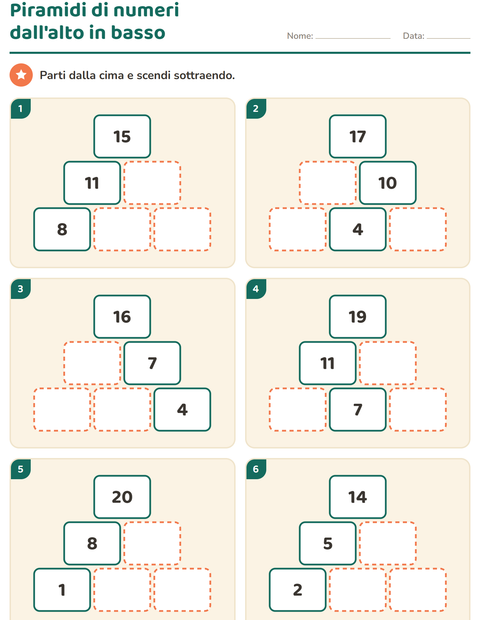Anteprima della scheda di Piramidi di numeri per Scuola primaria classe prima