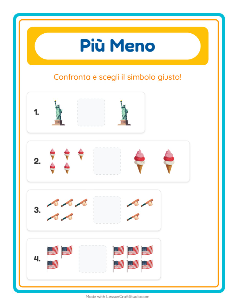 Anteprima della scheda di Più O Meno con 4 luglio per Scuola dell'infanzia (3-5 anni)