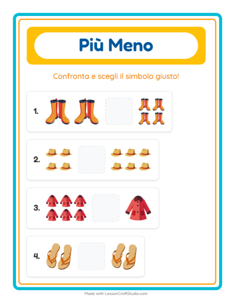 Anteprima della scheda di Più O Meno con Abbigliamento per Scuola dell'infanzia (3-5 anni)
