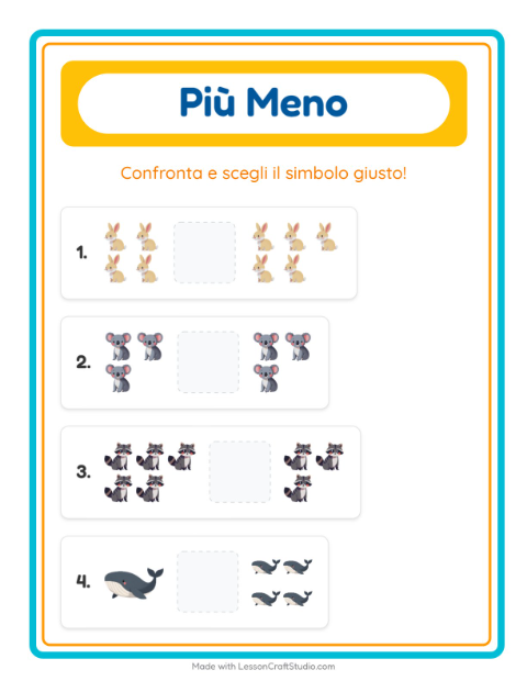 Anteprima della scheda di Più O Meno con Animali per Scuola dell'infanzia (3-5 anni)