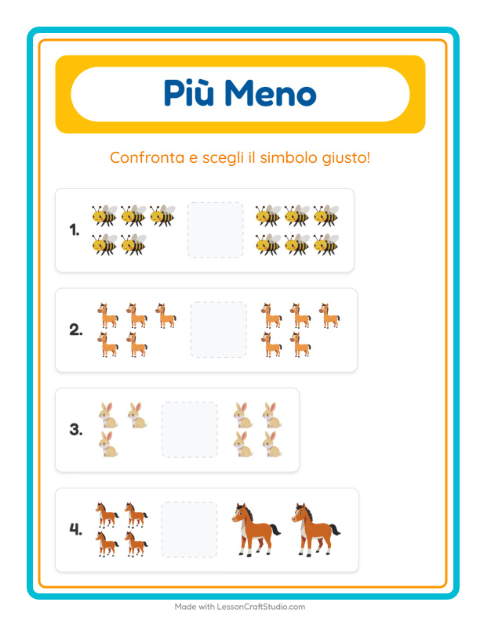 Anteprima della scheda di Più O Meno con Animali della fattoria per Scuola dell'infanzia (3-5 anni)