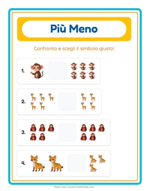 Anteprima della scheda di Più O Meno con Animali dello zoo per Scuola dell'infanzia (3-5 anni)