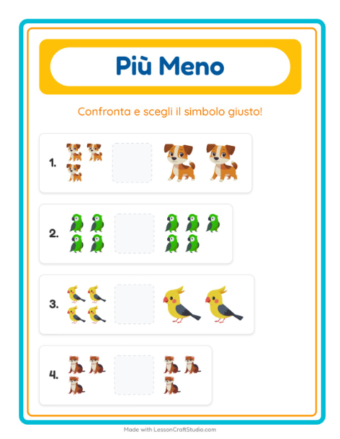 Anteprima della scheda di Più O Meno con Animali domestici per Scuola dell'infanzia (3-5 anni)