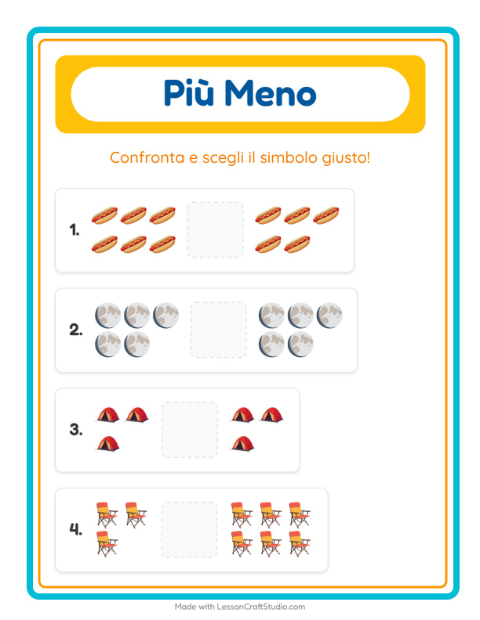 Anteprima della scheda di Più O Meno con Campeggio per Scuola dell'infanzia (3-5 anni)