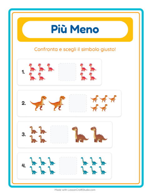 Anteprima della scheda di Più O Meno con Dinosauri per Scuola dell'infanzia (3-5 anni)
