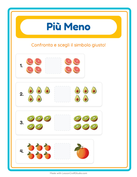 Anteprima della scheda di Più O Meno con Frutta per Scuola dell'infanzia (3-5 anni)