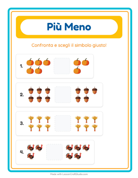 Anteprima della scheda di Più O Meno con Giorno del Ringraziamento per Scuola dell'infanzia (3-5 anni)