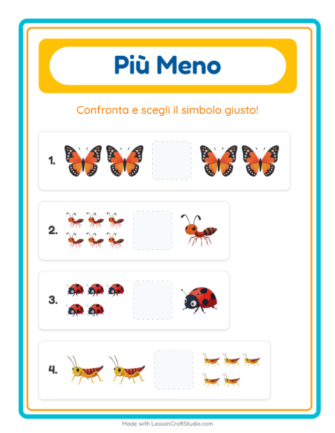 Anteprima della scheda di Più O Meno con Insetti e scarafaggi per Scuola dell'infanzia (3-5 anni)