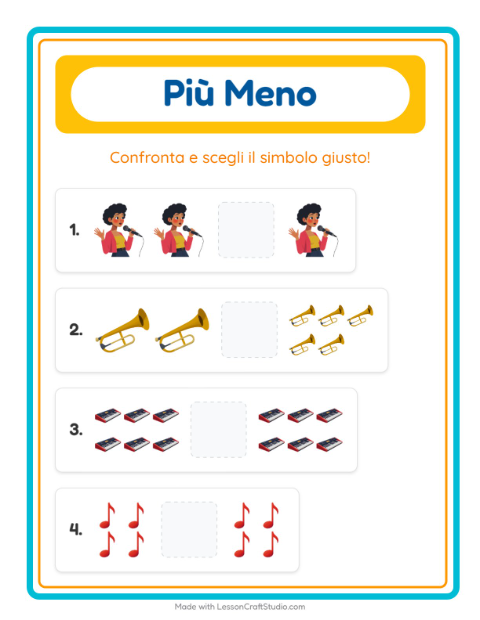 Anteprima della scheda di Più O Meno con Musica per Scuola dell'infanzia (3-5 anni)