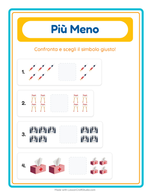 Anteprima della scheda di Più O Meno con Ospedale per Scuola dell'infanzia (3-5 anni)