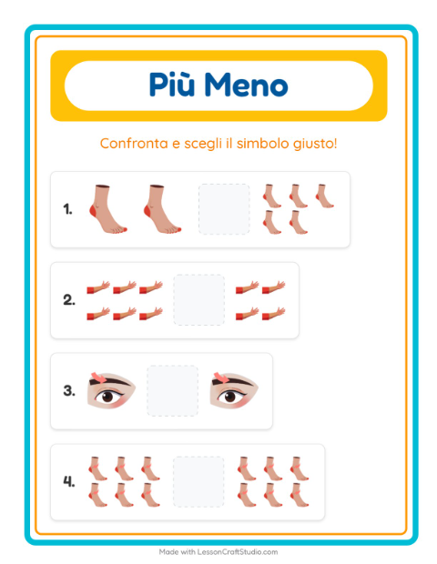 Anteprima della scheda di Più O Meno con Parti del corpo per Scuola dell'infanzia (3-5 anni)