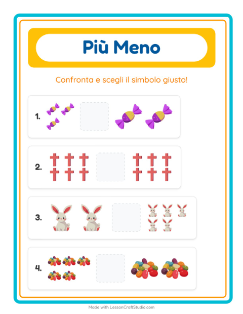 Anteprima della scheda di Più O Meno con Pasqua per Scuola dell'infanzia (3-5 anni)