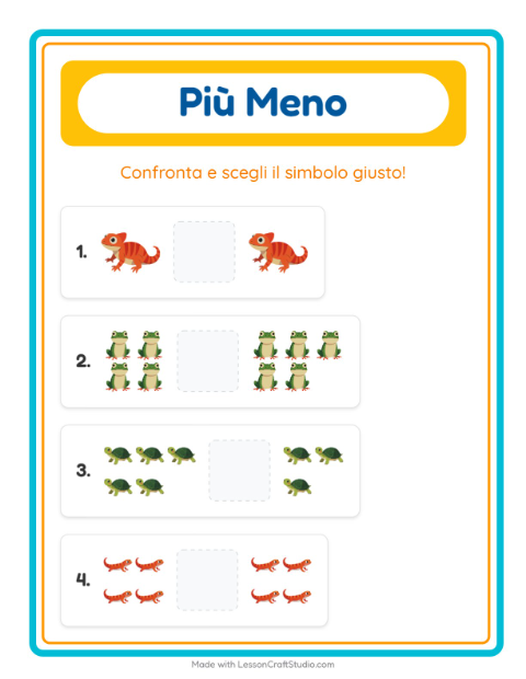 Anteprima della scheda di Più O Meno con Rettili e anfibi per Scuola dell'infanzia (3-5 anni)
