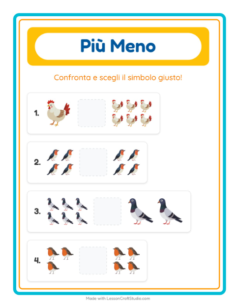 Anteprima della scheda di Più O Meno con Uccelli 2 per Scuola dell'infanzia (3-5 anni)