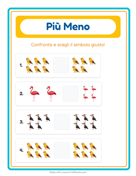 Anteprima della scheda di Più O Meno con Uccelli per Scuola dell'infanzia (3-5 anni)