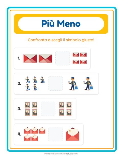 Anteprima della scheda di Più O Meno con Ufficio postale per Scuola dell'infanzia (3-5 anni)