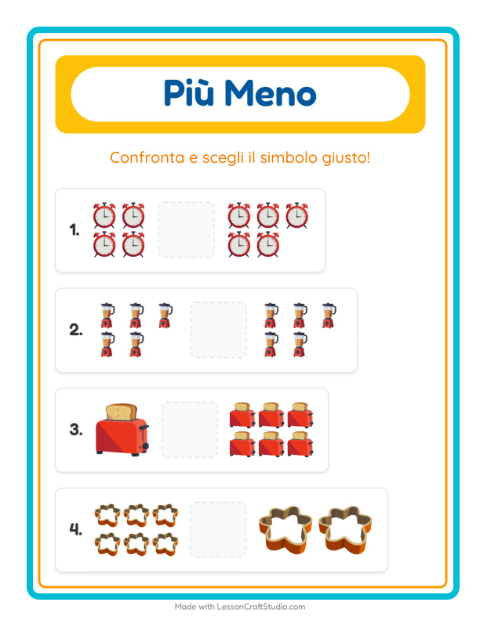 Anteprima della scheda di Più O Meno con Utensili da cucina per Scuola dell'infanzia (3-5 anni)