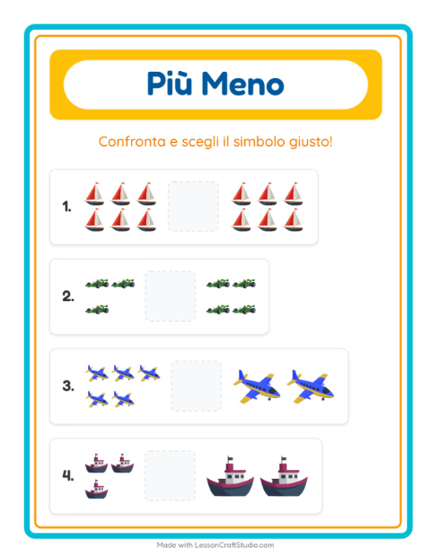 Anteprima della scheda di Più O Meno con Veicoli per Scuola dell'infanzia (3-5 anni)