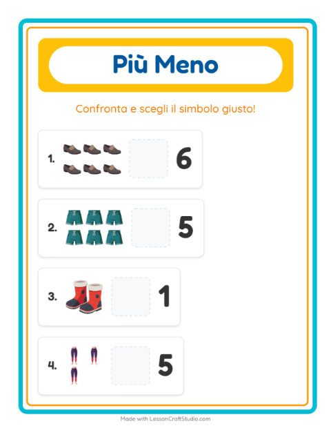 Anteprima della scheda di Più O Meno con Abbigliamento per Scuola dell'infanzia (3-5 anni)