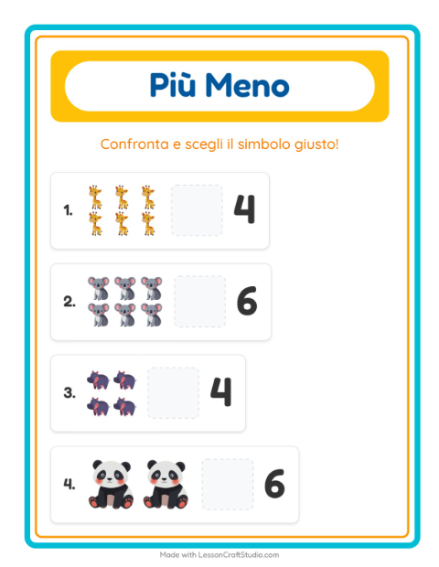 Anteprima della scheda di Più O Meno con Animali per Scuola dell'infanzia (3-5 anni)