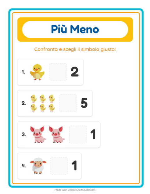 Anteprima della scheda di Più O Meno con Animali della fattoria per Scuola dell'infanzia (3-5 anni)