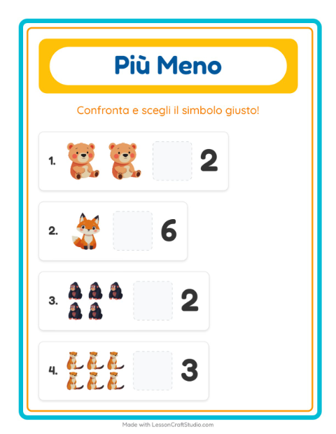Anteprima della scheda di Più O Meno con Animali dello zoo per Scuola dell'infanzia (3-5 anni)