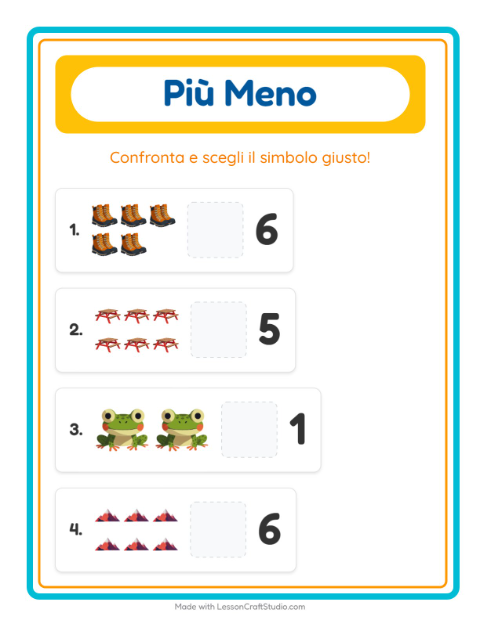 Anteprima della scheda di Più O Meno con Campeggio per Scuola dell'infanzia (3-5 anni)